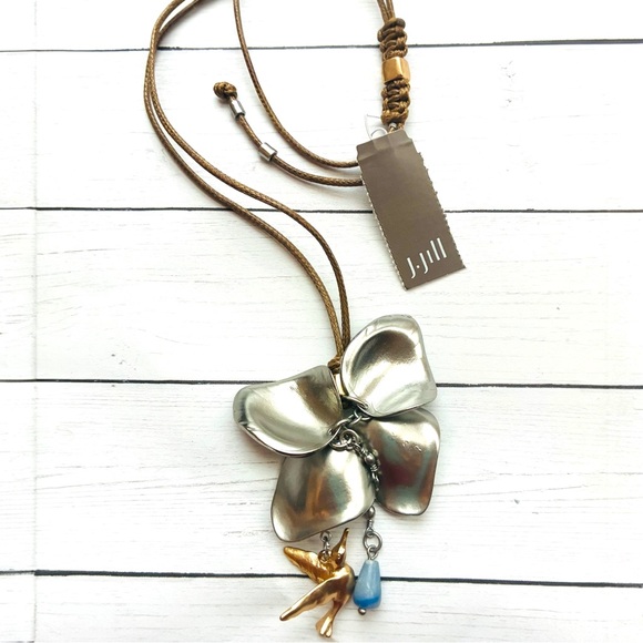 J. Jill Jewelry - NEW NWT J. Jill Silver Flower Petals Gold Bird Adjustable Cord Necklace $44 Tag